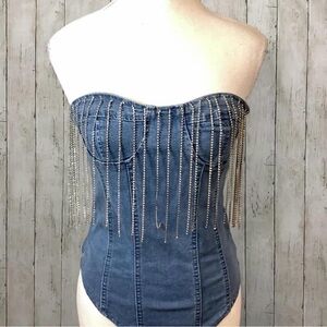 Denim Rhinestone Fringe Corset Top Strapless Y2K Festival M